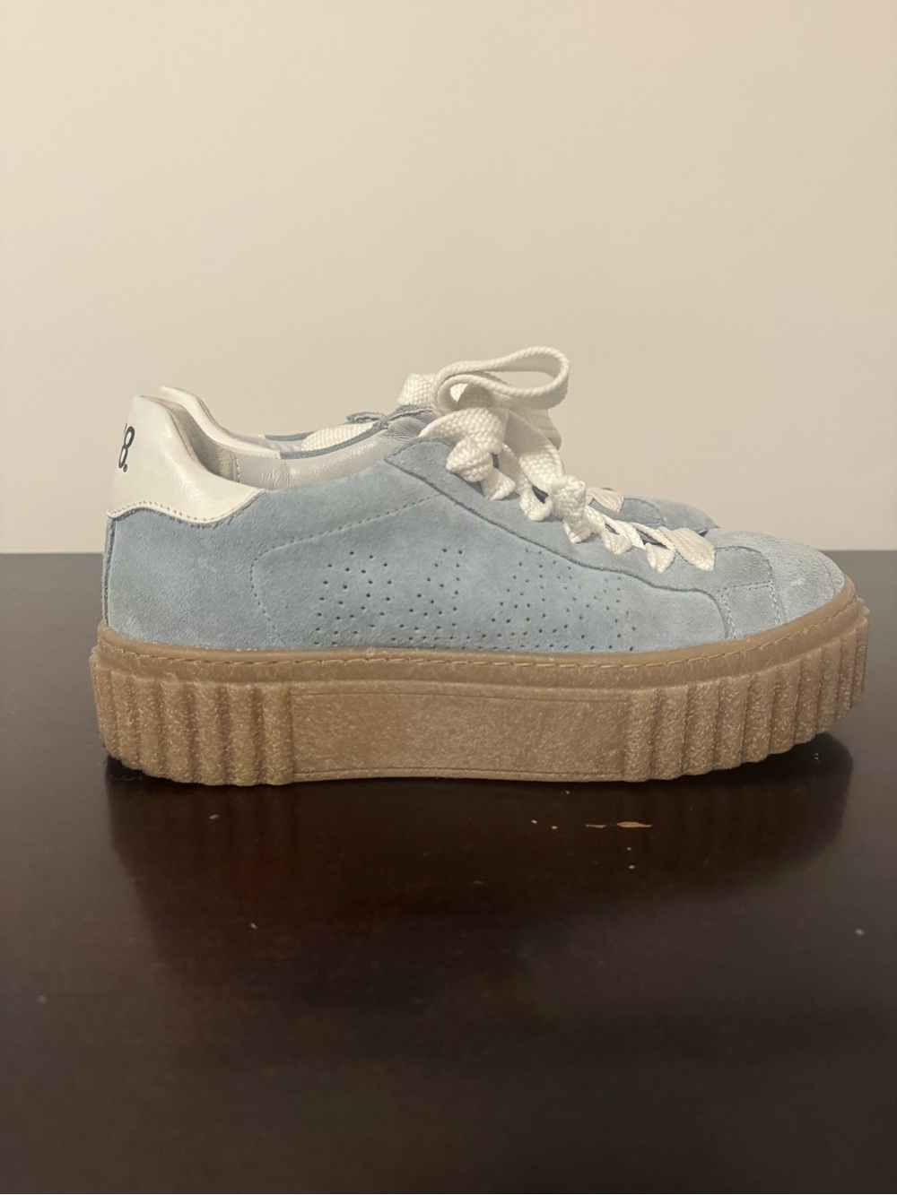 P448 Pale Blue Suede Platform Sneakers with White Heel Tab